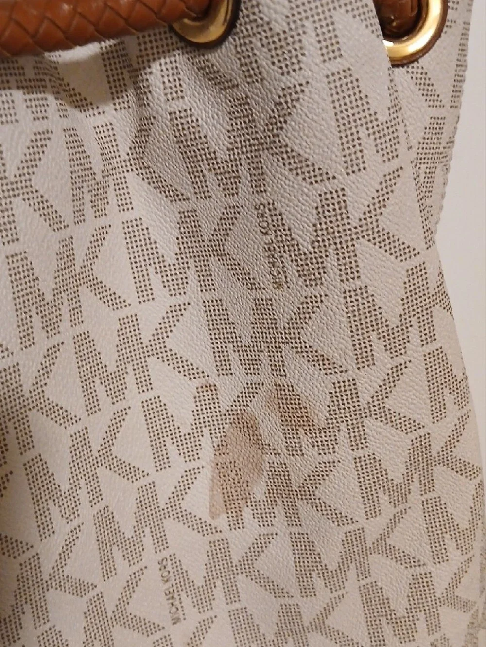Michael Kors Beige Logo Tote with Brown Leather Trim and Tassel